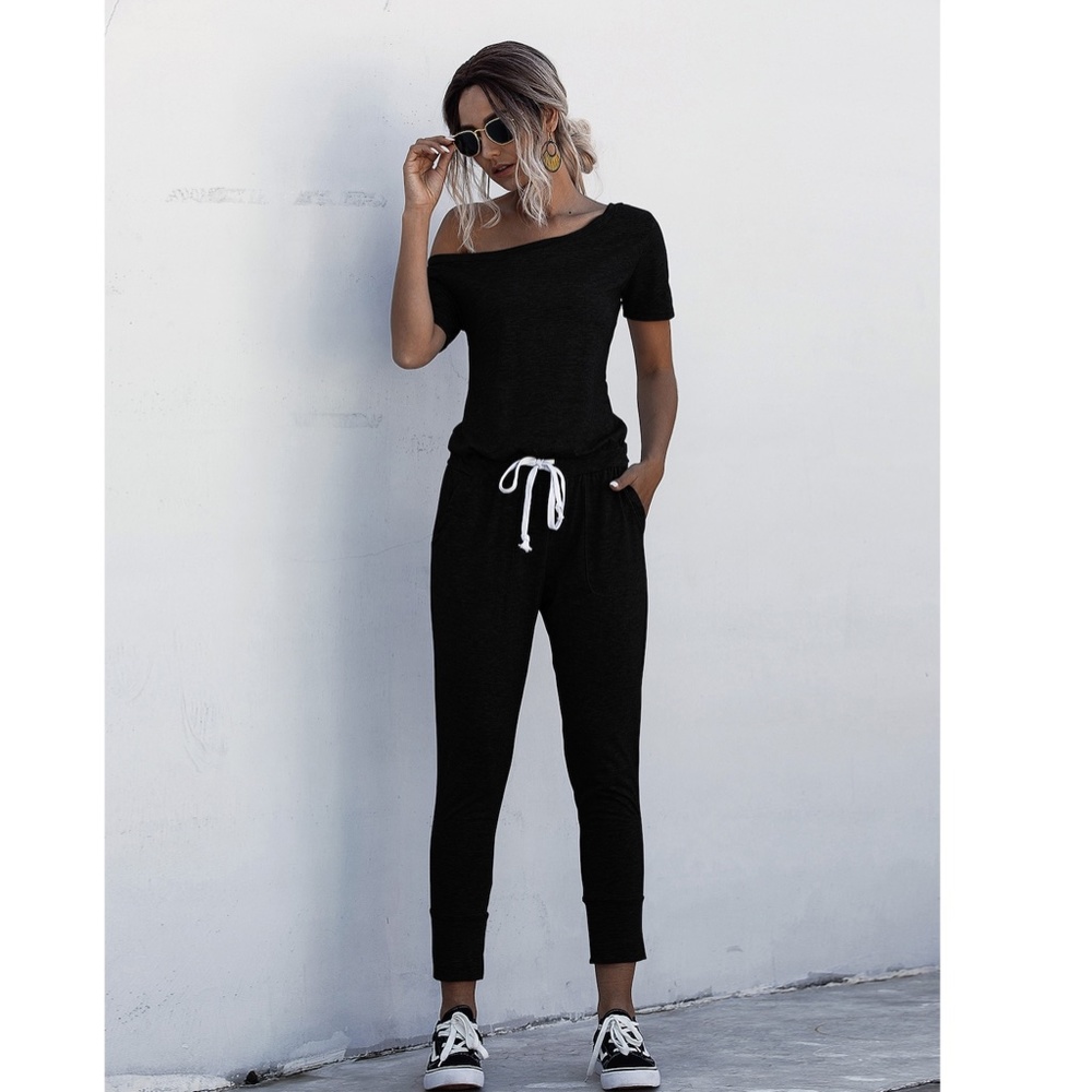 Contrast Tie Short Sleeve Grey Jumpsuit - Picture 15 of 16